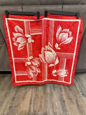 Red Floral Square Scarf with White Bloom Motif Vintage.